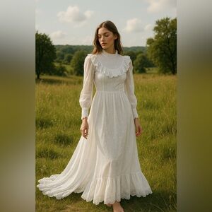 Ethereal Vintage Eyelet Lace Sheer Wedding Dress w/ Attached Train S/M